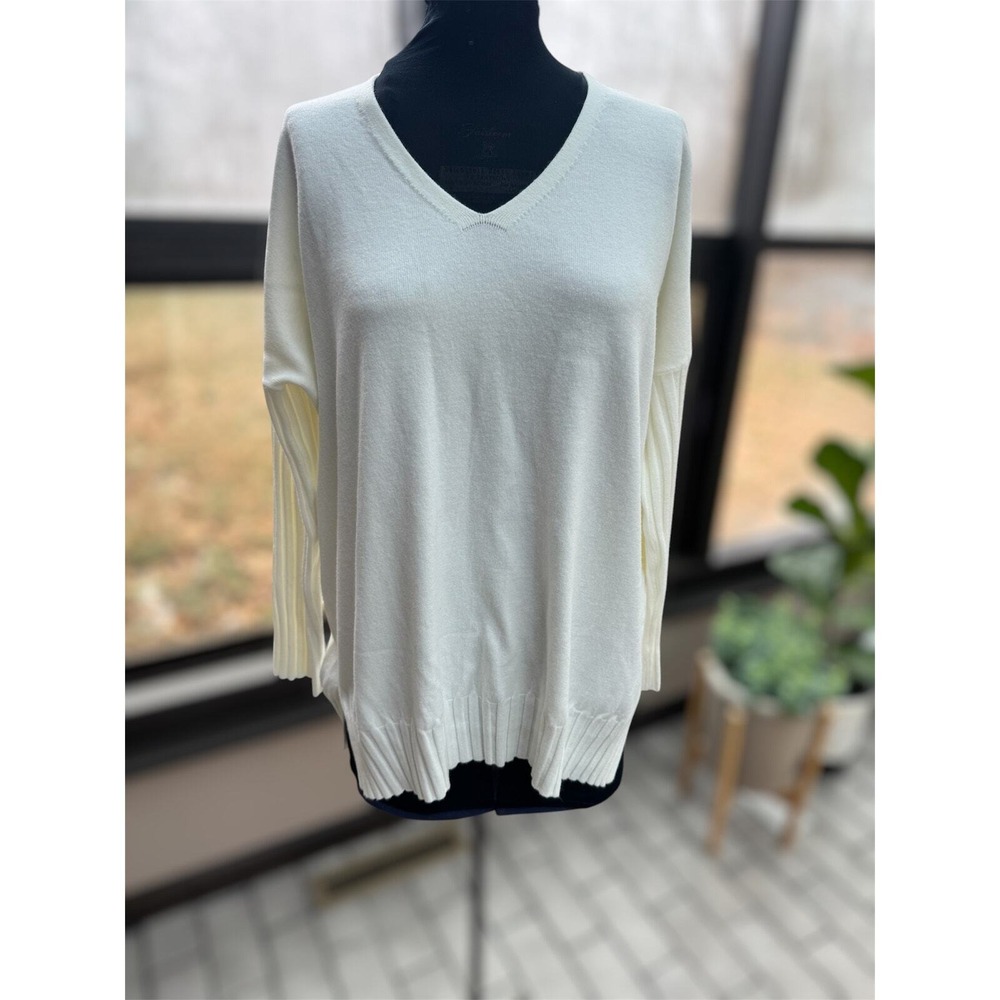 French Connection L Cream Sweater Soft Rib Cozy Minimalist Coastal Fall Capsule